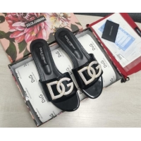 Discount Dolce & Gabbana Patent Leather Crystal DG Flat Slide Sandals Black 030569