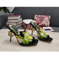 Good Quality Dolce & Gabbana DG Print Calf Leather High Heel Slide Sandals Black 10.5cm 030761 