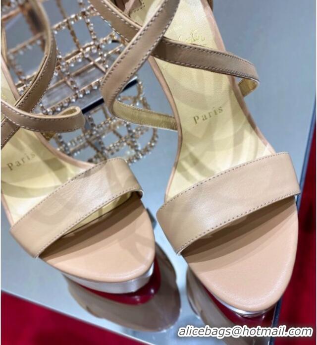 Discount Christian Louboutin Calf Leather High Heel Platform Sandals 15cm Nude 030768