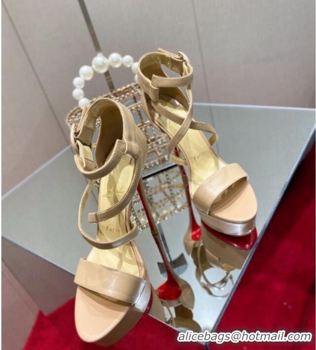 Discount Christian Louboutin Calf Leather High Heel Platform Sandals 15cm Nude 030768