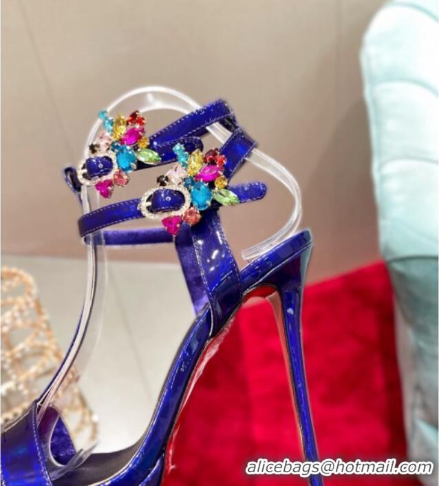 Best Grade Christian Louboutin Maravilla Patent Leather High Heel Platform Sandals with Crystal Buckle 15cm Purple 03076