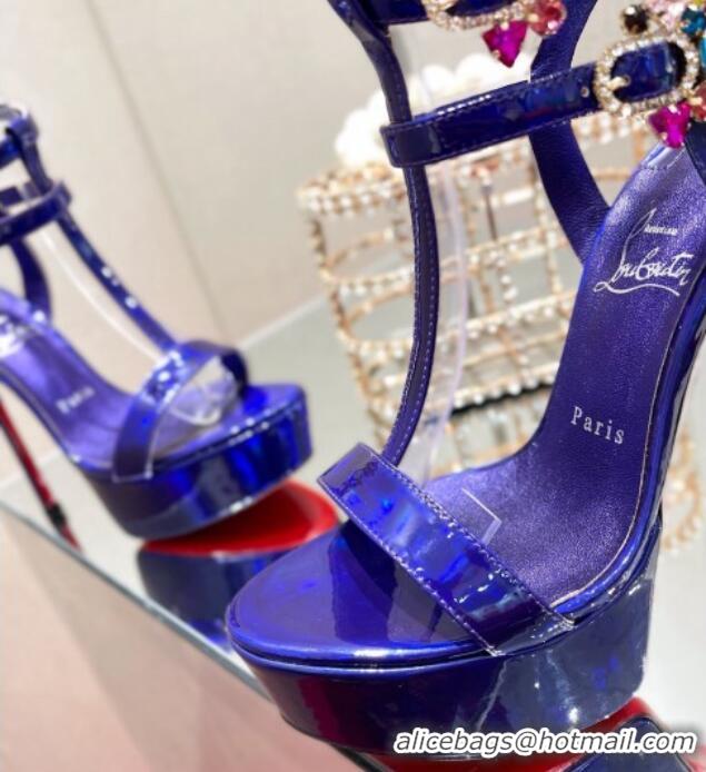 Best Grade Christian Louboutin Maravilla Patent Leather High Heel Platform Sandals with Crystal Buckle 15cm Purple 03076