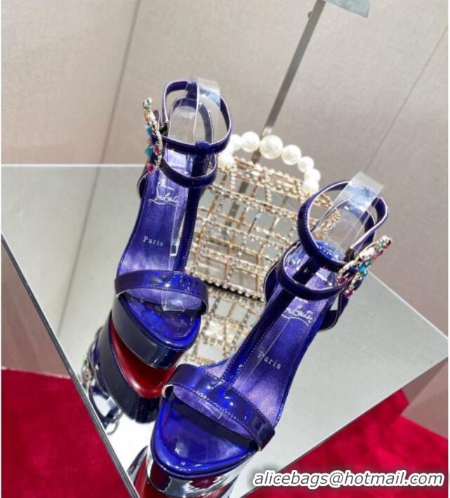 Best Grade Christian Louboutin Maravilla Patent Leather High Heel Platform Sandals with Crystal Buckle 15cm Purple 03076