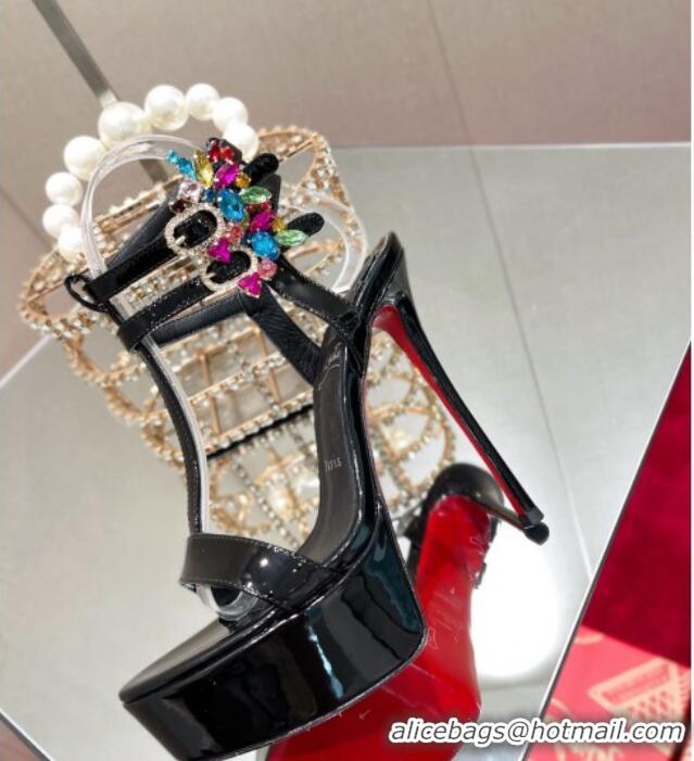 Fashion Christian Louboutin Maravilla Patent Leather High Heel Platform Sandals with Crystal Buckle 15cm Black 030770