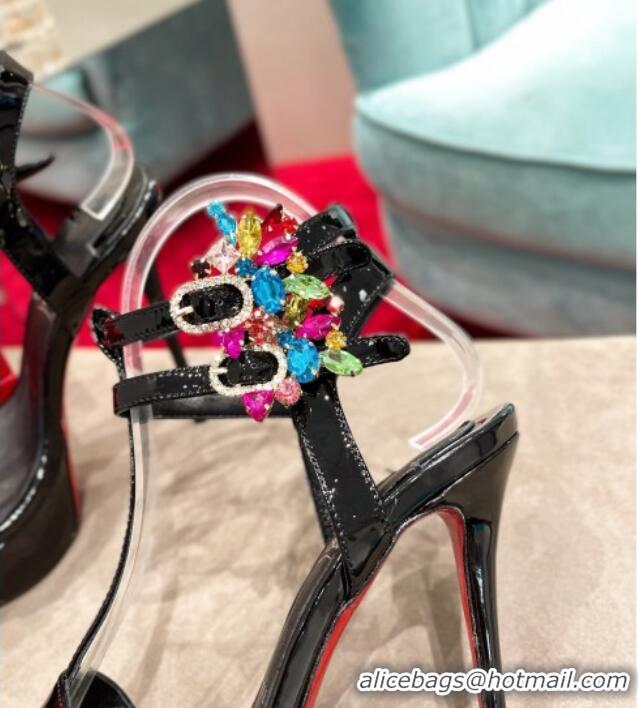 Fashion Christian Louboutin Maravilla Patent Leather High Heel Platform Sandals with Crystal Buckle 15cm Black 030770