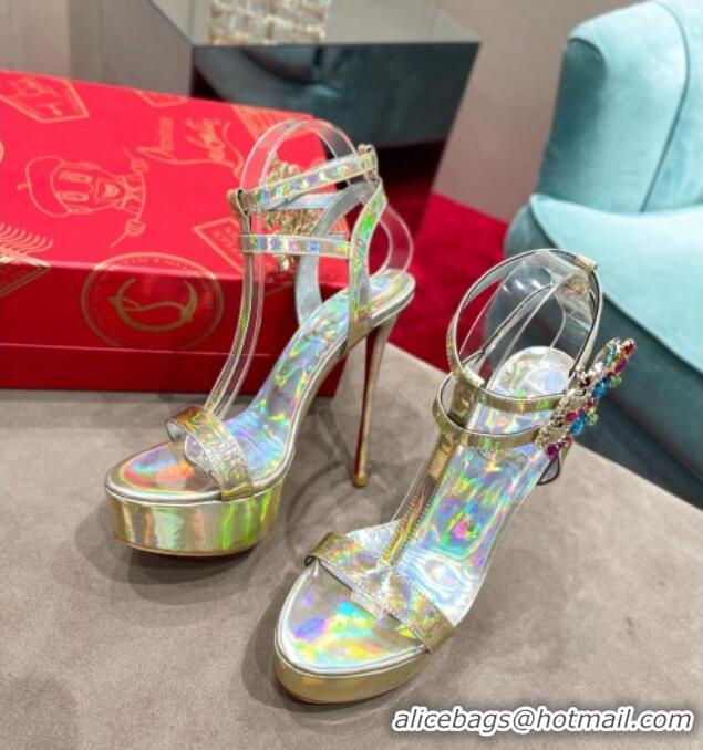 Duplicate Christian Louboutin Maravilla Patent Leather High Heel Platform Sandals with Crystal Buckle 15cm Yellow 030771