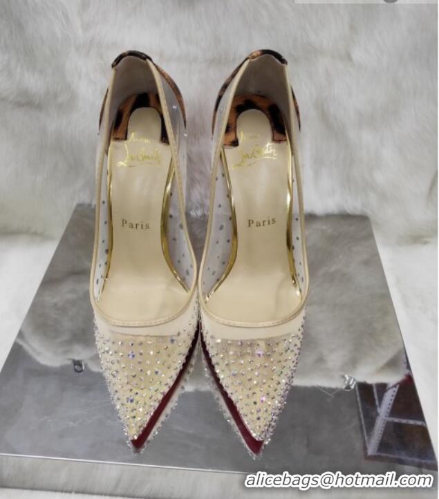 Sophisticated Christian Louboutin Stud Mesh and Animal Print High Heel Pumps White/Brown 031906