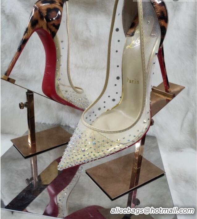 Sophisticated Christian Louboutin Stud Mesh and Animal Print High Heel Pumps White/Brown 031906