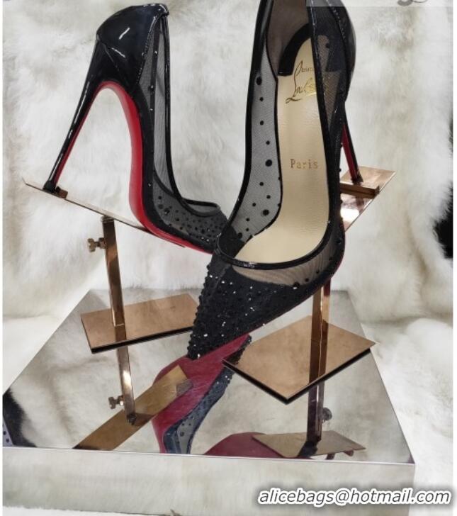 Fashion Christian Louboutin Stud Mesh and Patent Leather High Heel Pumps Black 031907