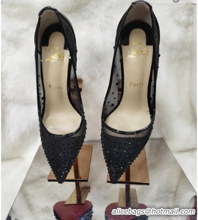 Fashion Christian Louboutin Stud Mesh and Patent Leather High Heel Pumps Black 031907