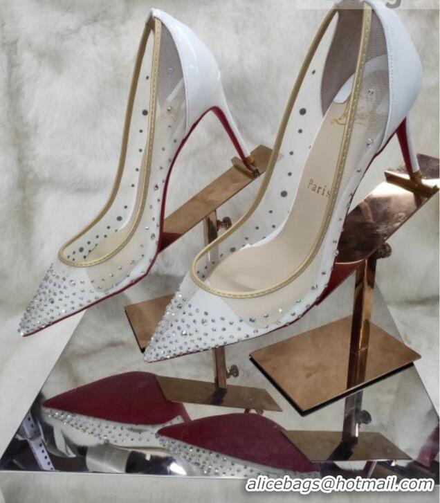 Luxury Christian Louboutin Stud Mesh and Patent Leather High Heel Pumps White 031908