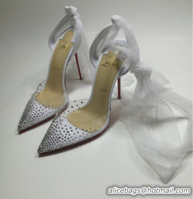 Best Price Christian Louboutin Stud High Heel Pumps with Mesh Ribbon White 031911