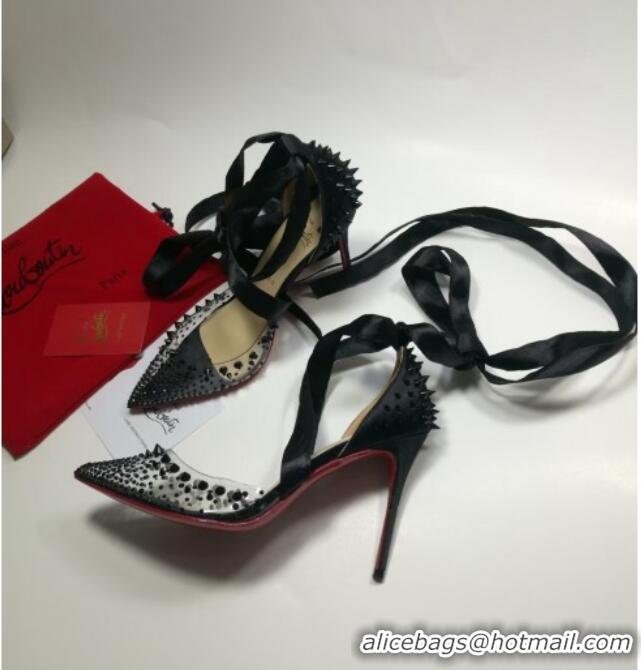 Most Popular Christian Louboutin Stud High Heel Pumps with Mesh Ribbon Black 031913