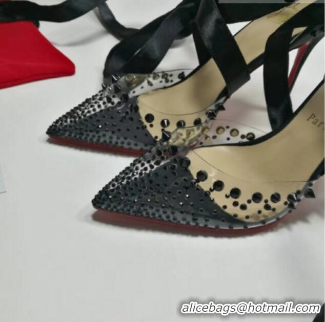 Most Popular Christian Louboutin Stud High Heel Pumps with Mesh Ribbon Black 031913