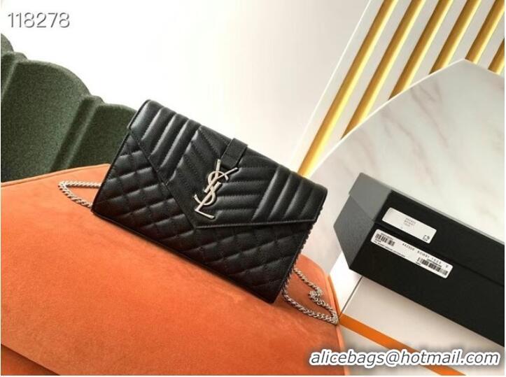 Fashion SAINT LAURENT MONOGRAM CHAIN WALLET IN MIX MATELASSE GRAIN DE POUDRE EMBOSSED LEATHER 620280 BLACK&SILVER