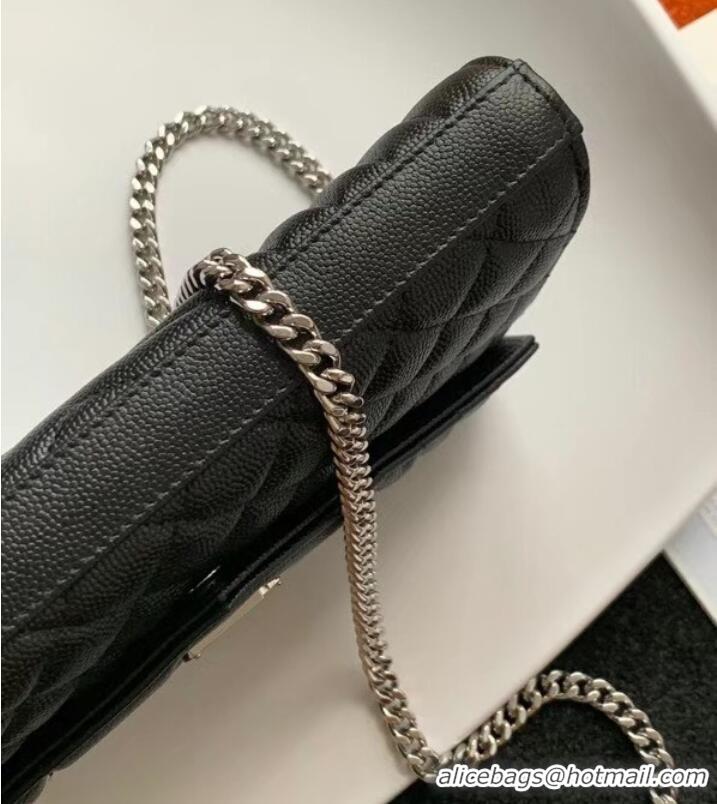 Fashion SAINT LAURENT MONOGRAM CHAIN WALLET IN MIX MATELASSE GRAIN DE POUDRE EMBOSSED LEATHER 620280 BLACK&SILVER