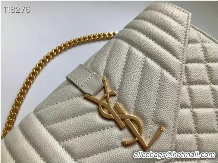 Shop Grade SAINT LAURENT MONOGRAM CHAIN WALLET IN MIX MATELASSE GRAIN DE POUDRE EMBOSSED LEATHER 620280 STONE GREY&GOLD