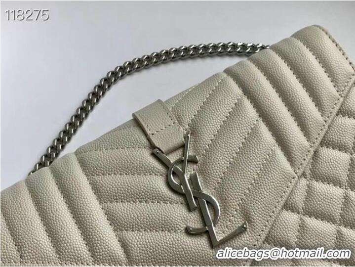 Discount SAINT LAURENT MONOGRAM CHAIN WALLET IN MIX MATELASSE GRAIN DE POUDRE EMBOSSED LEATHER 620280 STONE GREY&SILVER