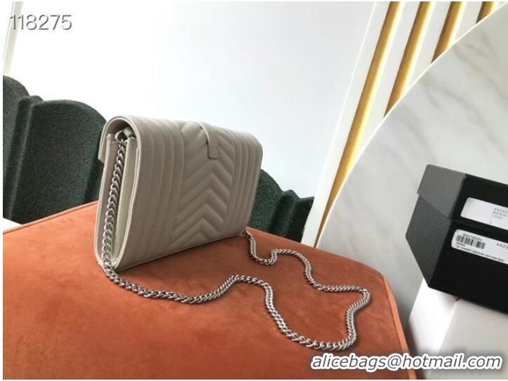 Discount SAINT LAURENT MONOGRAM CHAIN WALLET IN MIX MATELASSE GRAIN DE POUDRE EMBOSSED LEATHER 620280 STONE GREY&SILVER