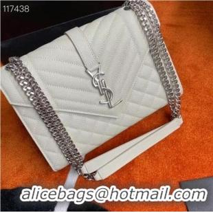 Top Grade SAINT LAURENT ENVELOPE MEDIUM BAG IN MIX MATELASSe GRAIN DE POUDRE EMBOSSED LEATHER 600185 BLANC VINTAGE&SILVE