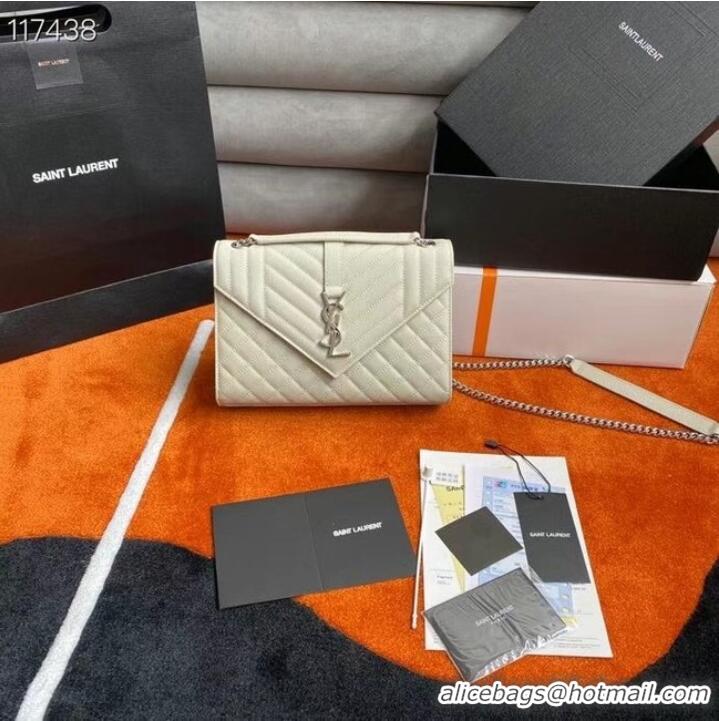 Top Grade SAINT LAURENT ENVELOPE MEDIUM BAG IN MIX MATELASSe GRAIN DE POUDRE EMBOSSED LEATHER 600185 BLANC VINTAGE&SILVE