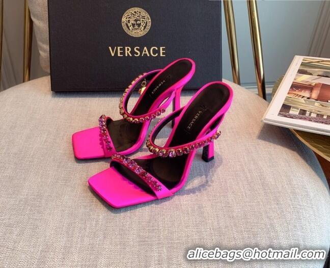 Top Grade Versace Silk Crystal Slide Sandals 11cm Hot Pink 031920