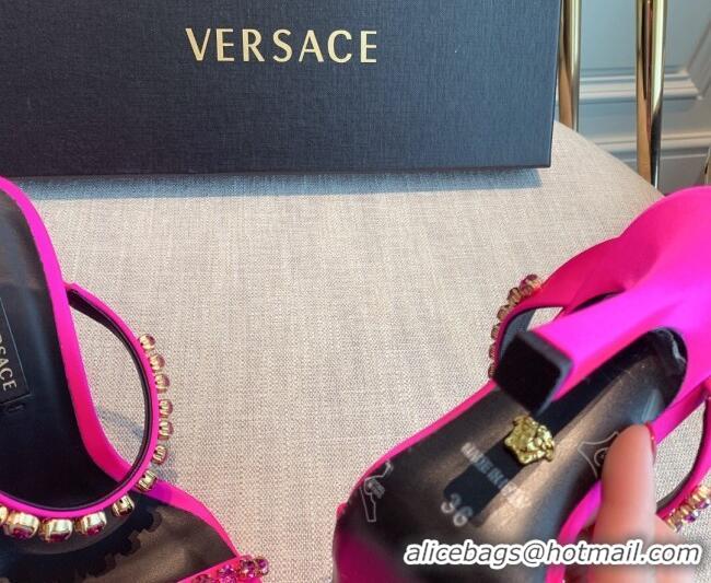 Top Grade Versace Silk Crystal Slide Sandals 11cm Hot Pink 031920