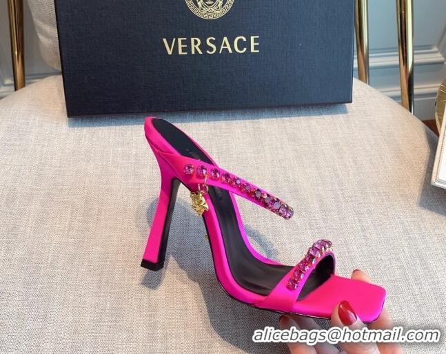 Top Grade Versace Silk Crystal Slide Sandals 11cm Hot Pink 031920