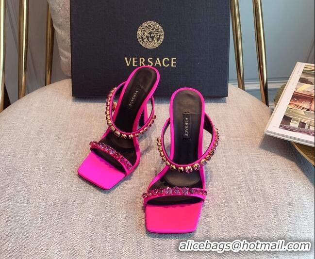 Top Grade Versace Silk Crystal Slide Sandals 11cm Hot Pink 031920