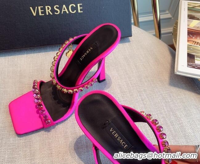 Top Grade Versace Silk Crystal Slide Sandals 11cm Hot Pink 031920