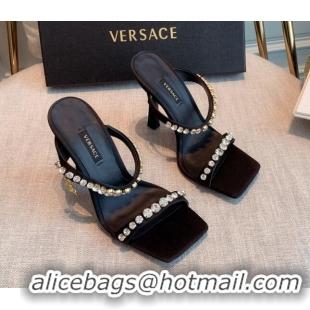 Low Price Versace Silk Crystal Slide Sandals 11cm Black 031921