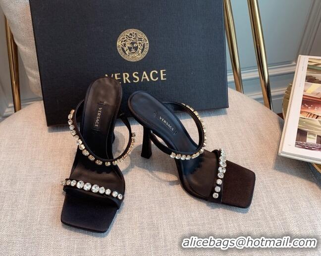 Low Price Versace Silk Crystal Slide Sandals 11cm Black 031921