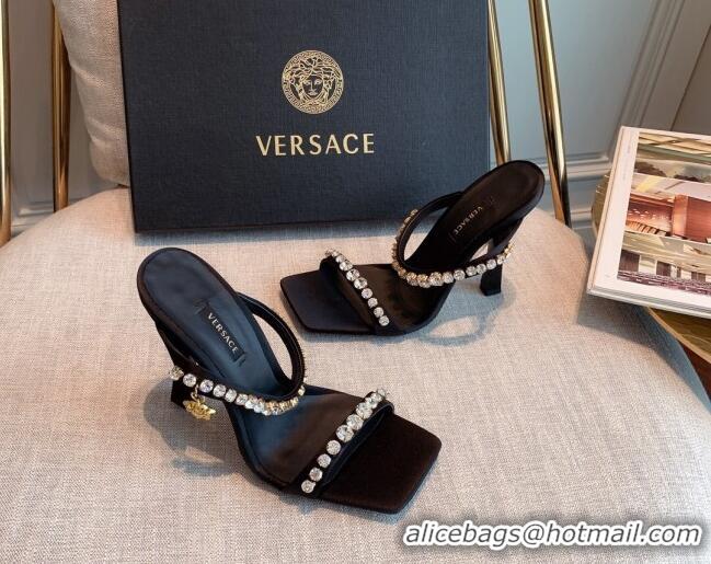 Low Price Versace Silk Crystal Slide Sandals 11cm Black 031921