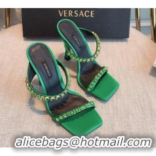 Good Product Versace Silk Crystal Slide Sandals 11cm Green 031922