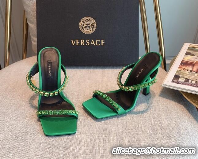 Good Product Versace Silk Crystal Slide Sandals 11cm Green 031922