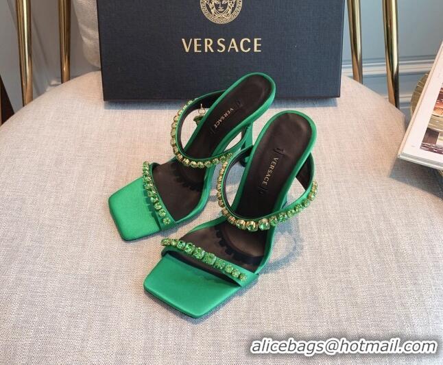 Good Product Versace Silk Crystal Slide Sandals 11cm Green 031922