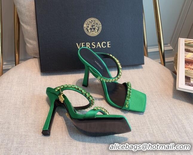 Good Product Versace Silk Crystal Slide Sandals 11cm Green 031922