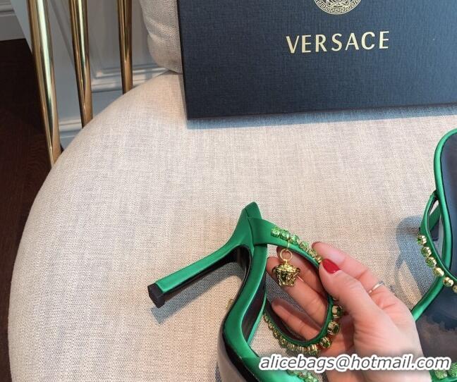 Good Product Versace Silk Crystal Slide Sandals 11cm Green 031922