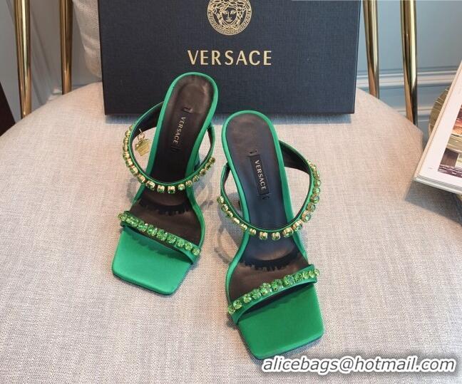 Good Product Versace Silk Crystal Slide Sandals 11cm Green 031922