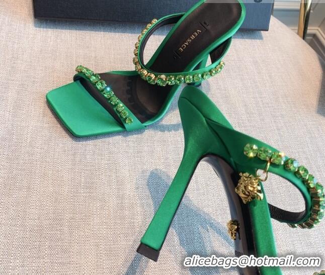 Good Product Versace Silk Crystal Slide Sandals 11cm Green 031922