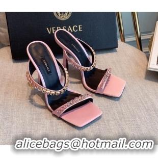 Best Grade Versace Silk Crystal Slide Sandals 11cm Light Pink 031924