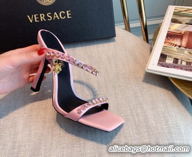 Best Grade Versace Silk Crystal Slide Sandals 11cm Light Pink 031924