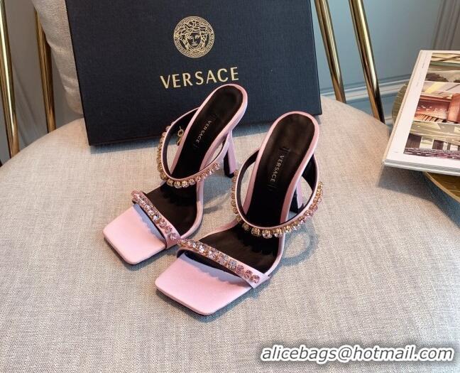 Best Grade Versace Silk Crystal Slide Sandals 11cm Light Pink 031924