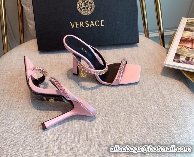 Best Grade Versace Silk Crystal Slide Sandals 11cm Light Pink 031924