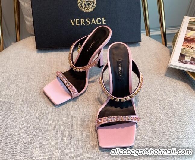 Best Grade Versace Silk Crystal Slide Sandals 11cm Light Pink 031924