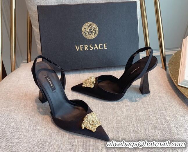 Famous Brand Versace Silk Slingback Pumps 11cm Black 031933