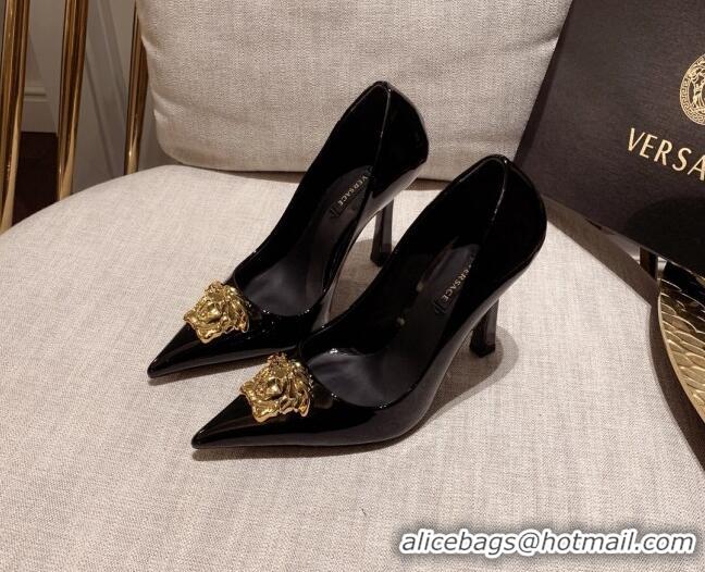 Discount Versace Glazed Leather Pumps 11cm Black/Gold 031937