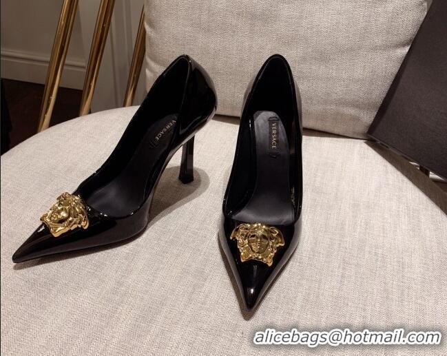 Discount Versace Glazed Leather Pumps 11cm Black/Gold 031937