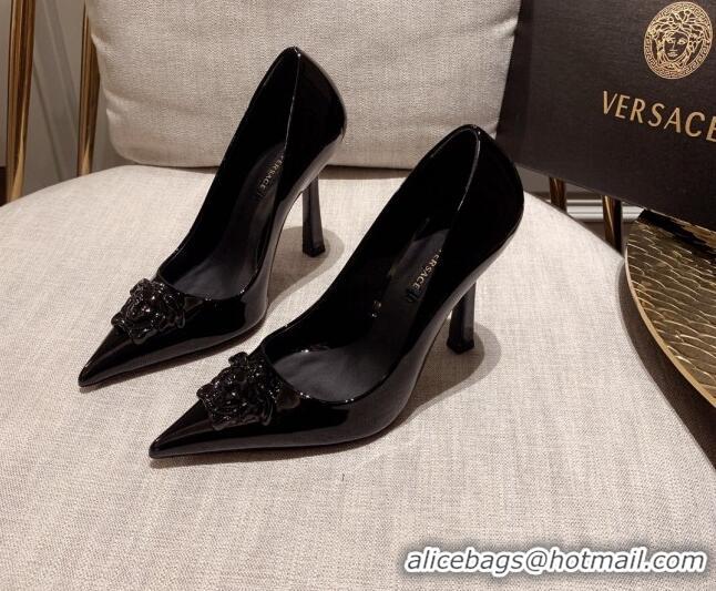 Best Grade Versace Glazed Leather Pumps 11cm All Black 031939