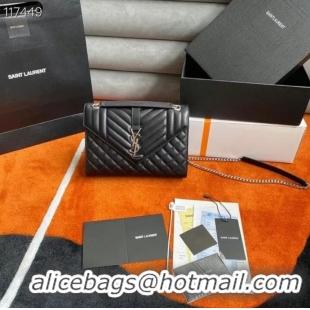 Top Quality SAINT LAURENT ENVELOPE MEDIUM BAG IN MIX MATELASSe GRAIN DE POUDRE EMBOSSED LEATHER 600185 BLACK&SILVER